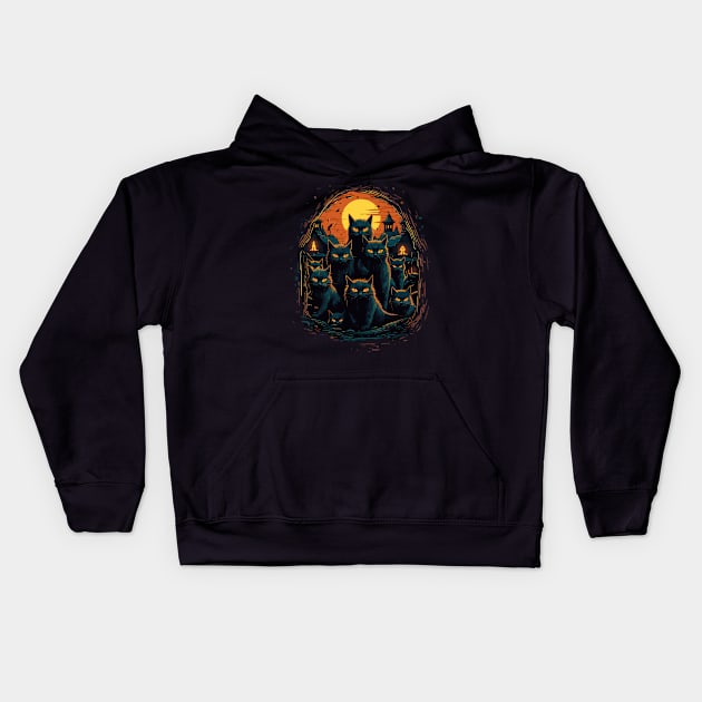 Halloween Scary Black Cats Cute Pumpkin Kids Hoodie by Ramadangonim